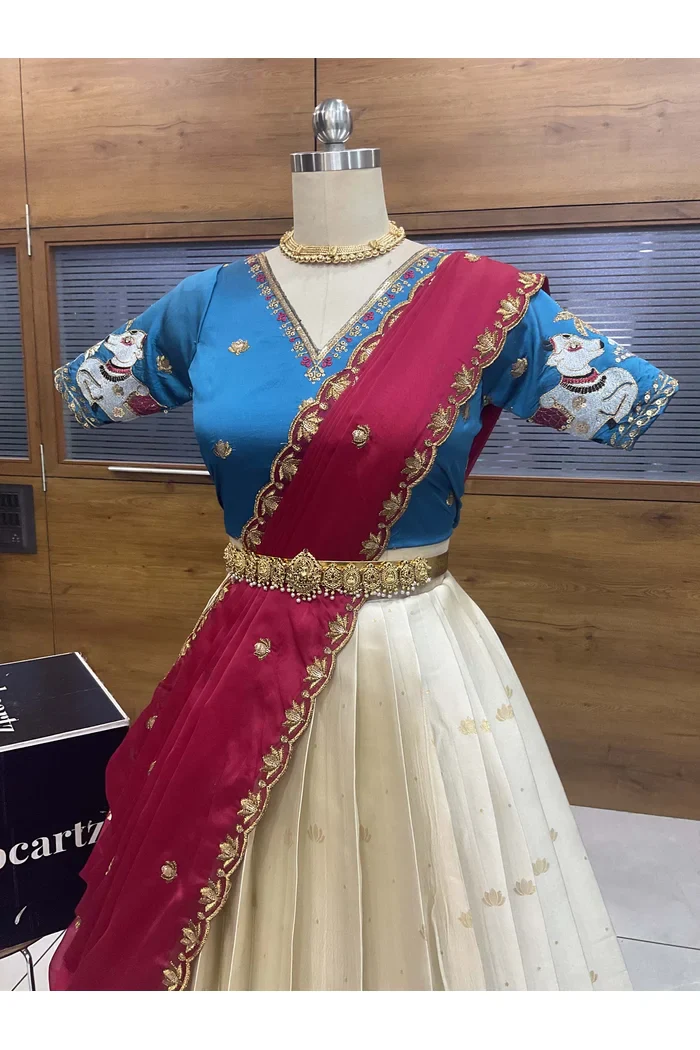 Beautiful South Indian Style Half Saree with Embroidery Blouse and Dupatta for Women | Gauri - Image 31