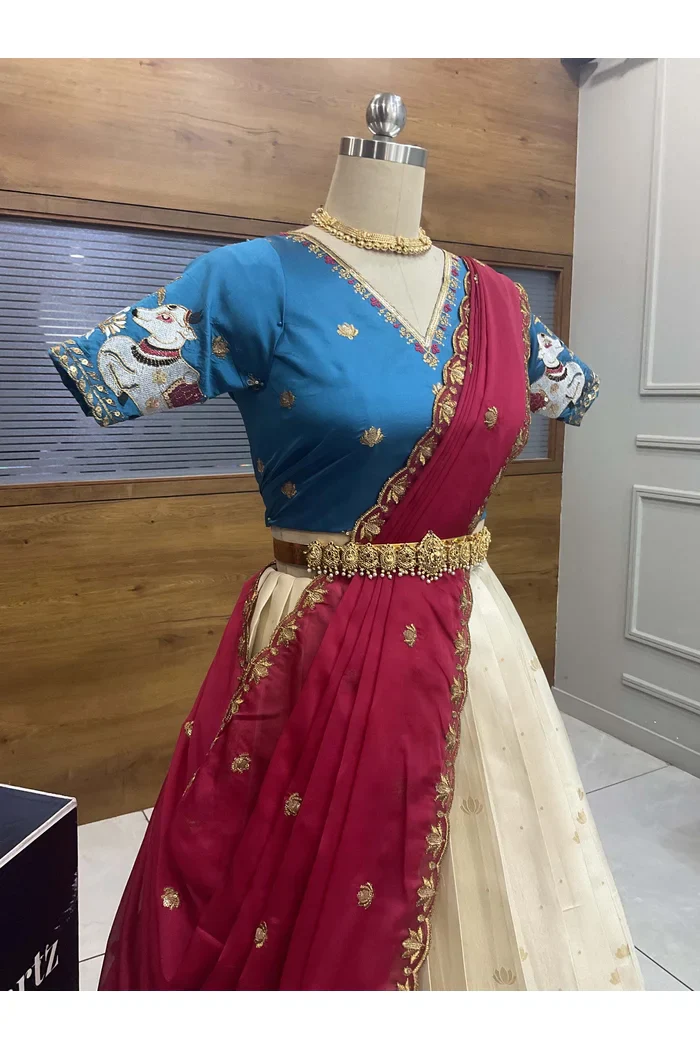 Beautiful South Indian Style Half Saree with Embroidery Blouse and Dupatta for Women | Gauri - Image 32