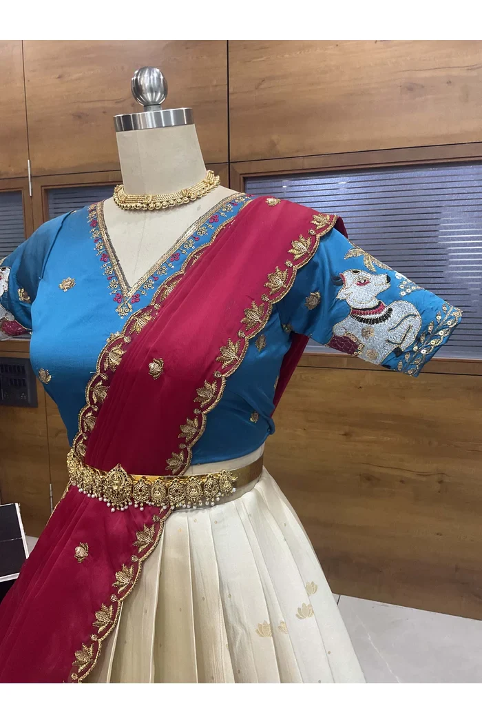 Beautiful South Indian Style Half Saree with Embroidery Blouse and Dupatta for Women | Gauri - Image 33