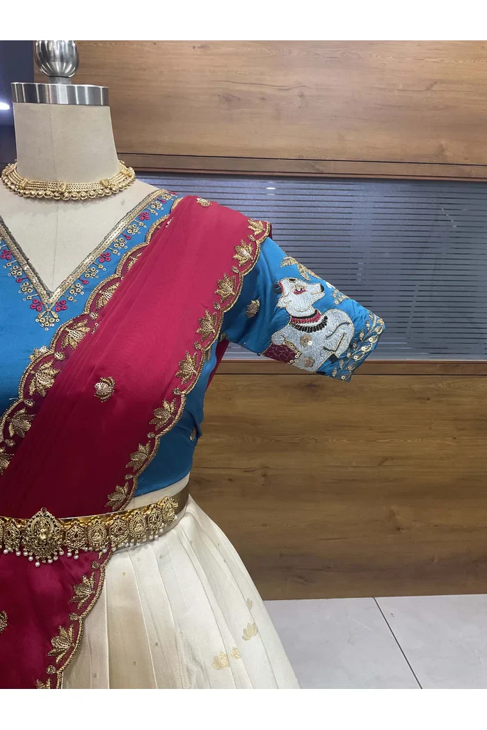 Beautiful South Indian Style Half Saree with Embroidery Blouse and Dupatta for Women | Gauri - Image 34