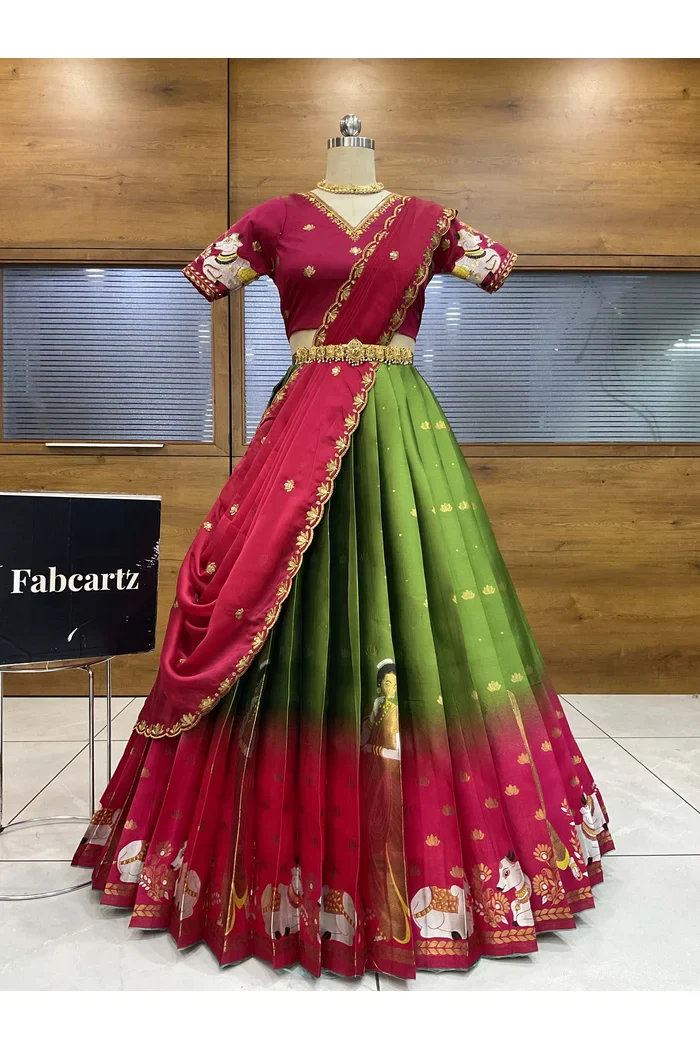Beautiful South Indian Style Half Saree with Embroidery Blouse and Dupatta for Women | Gauri - Image 46