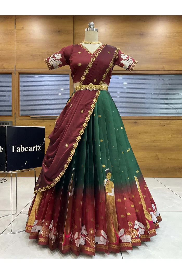 Beautiful South Indian Style Half Saree with Embroidery Blouse and Dupatta for Women | Gauri - Image 56