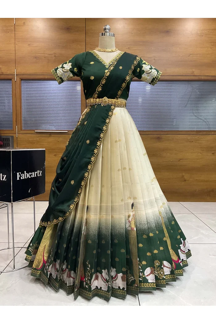 Beautiful South Indian Style Half Saree with Embroidery Blouse and Dupatta for Women | Gauri - Image 66