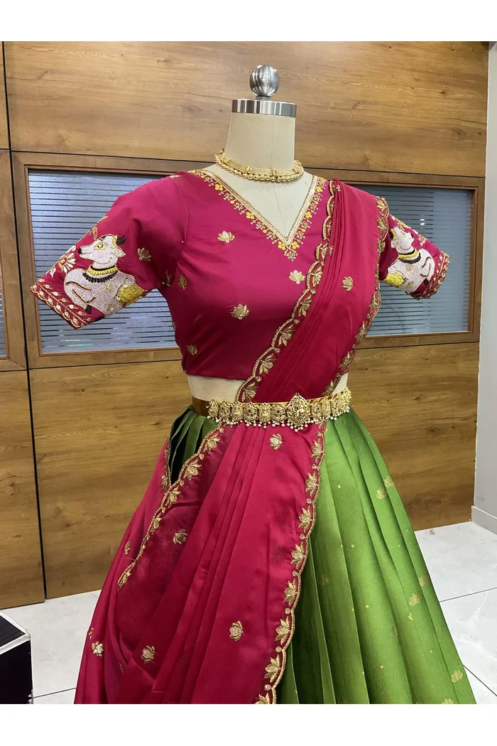Beautiful South Indian Style Half Saree with Embroidery Blouse and Dupatta for Women | Gauri - Image 8