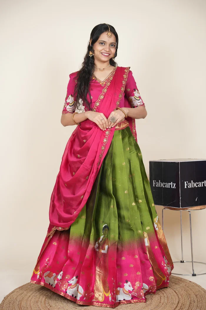 Beautiful South Indian Style Half Saree with Embroidery Blouse and Dupatta for Women | Gauri - Image 10