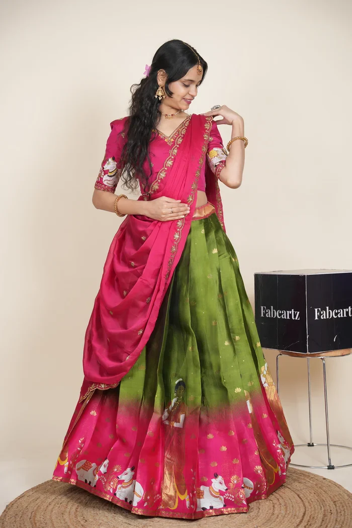 Beautiful South Indian Style Half Saree with Embroidery Blouse and Dupatta for Women | Gauri - Image 12