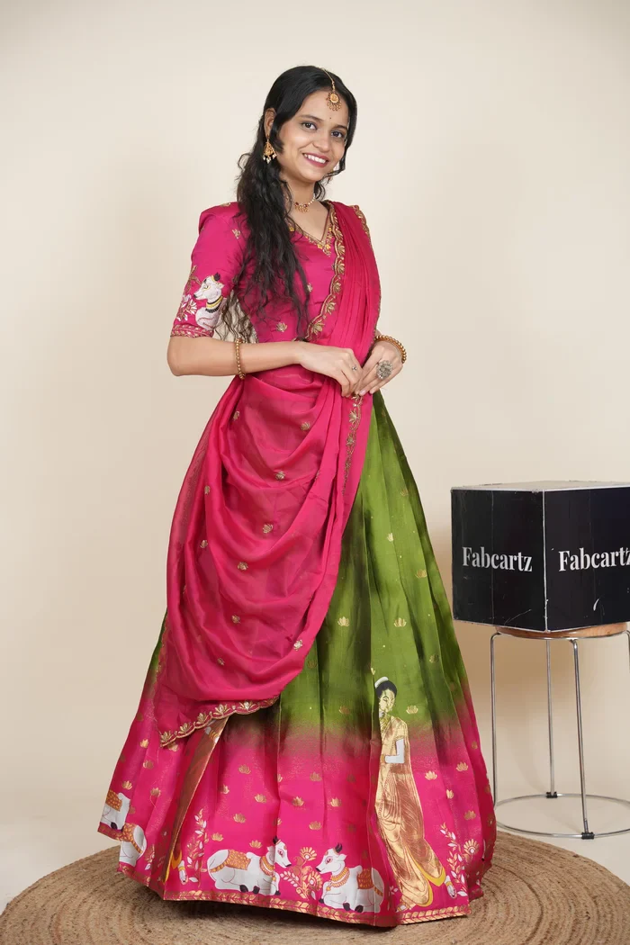 Beautiful South Indian Style Half Saree with Embroidery Blouse and Dupatta for Women | Gauri - Image 13