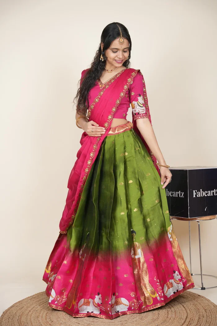 Beautiful South Indian Style Half Saree with Embroidery Blouse and Dupatta for Women | Gauri - Image 14