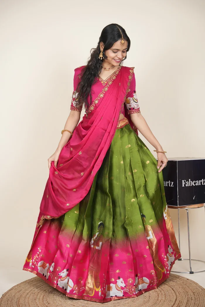 Beautiful South Indian Style Half Saree with Embroidery Blouse and Dupatta for Women | Gauri - Image 15