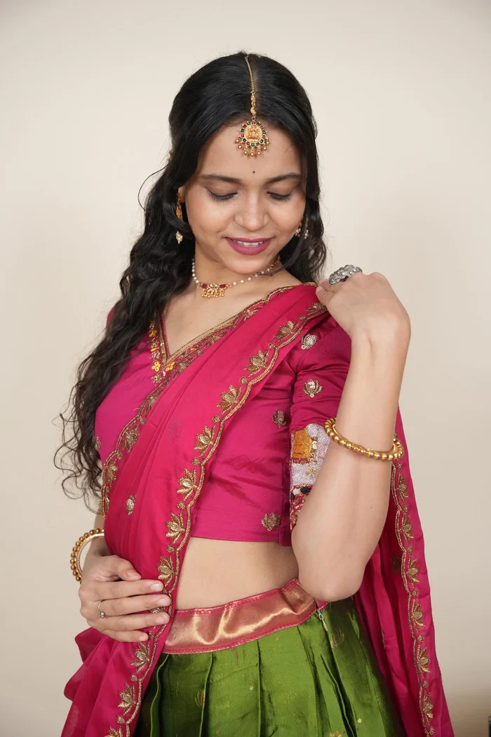 Beautiful South Indian Style Half Saree with Embroidery Blouse and Dupatta for Women | Gauri - Image 16