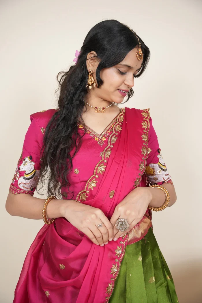 Beautiful South Indian Style Half Saree with Embroidery Blouse and Dupatta for Women | Gauri - Image 17
