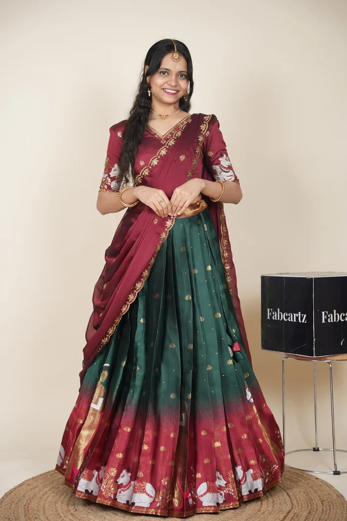 Beautiful South Indian Style Half Saree with Embroidery Blouse and Dupatta for Women | Gauri - Image 19