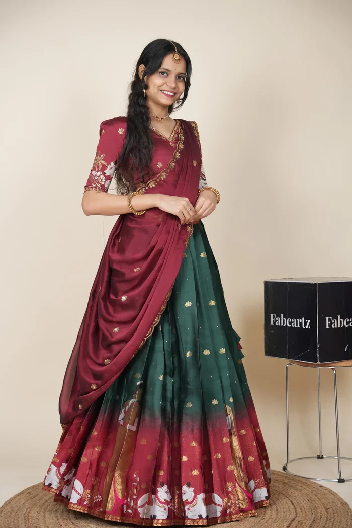 Beautiful South Indian Style Half Saree with Embroidery Blouse and Dupatta for Women | Gauri - Image 22