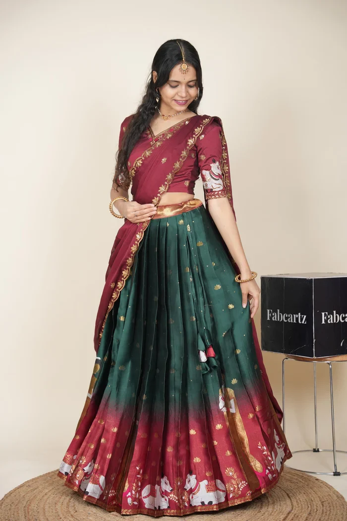 Beautiful South Indian Style Half Saree with Embroidery Blouse and Dupatta for Women | Gauri - Image 23