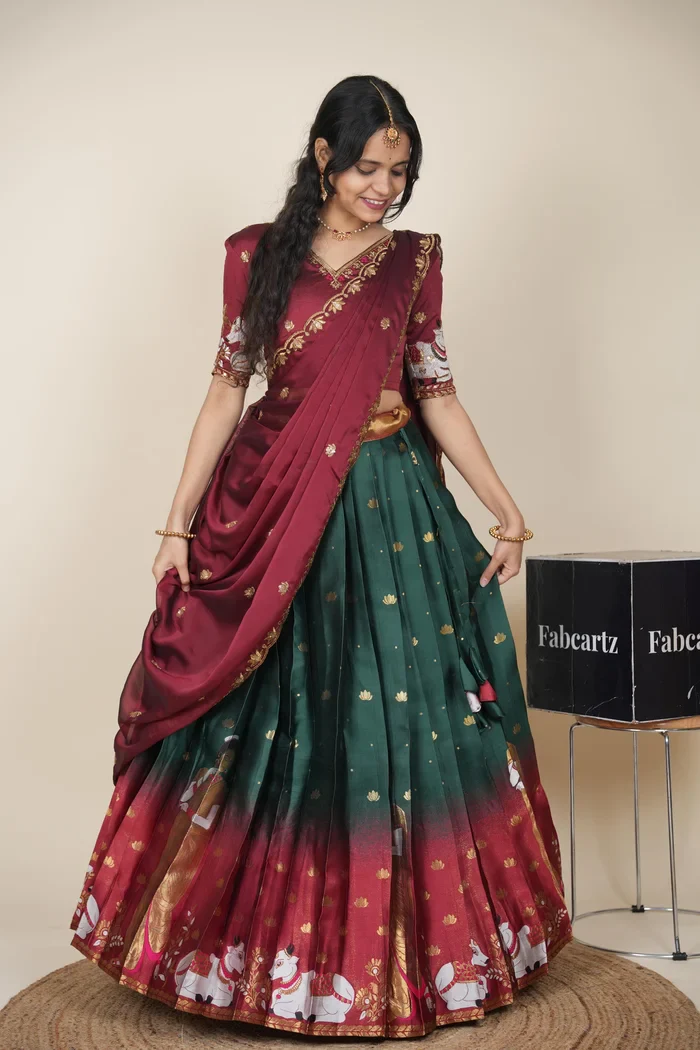 Beautiful South Indian Style Half Saree with Embroidery Blouse and Dupatta for Women | Gauri - Image 24