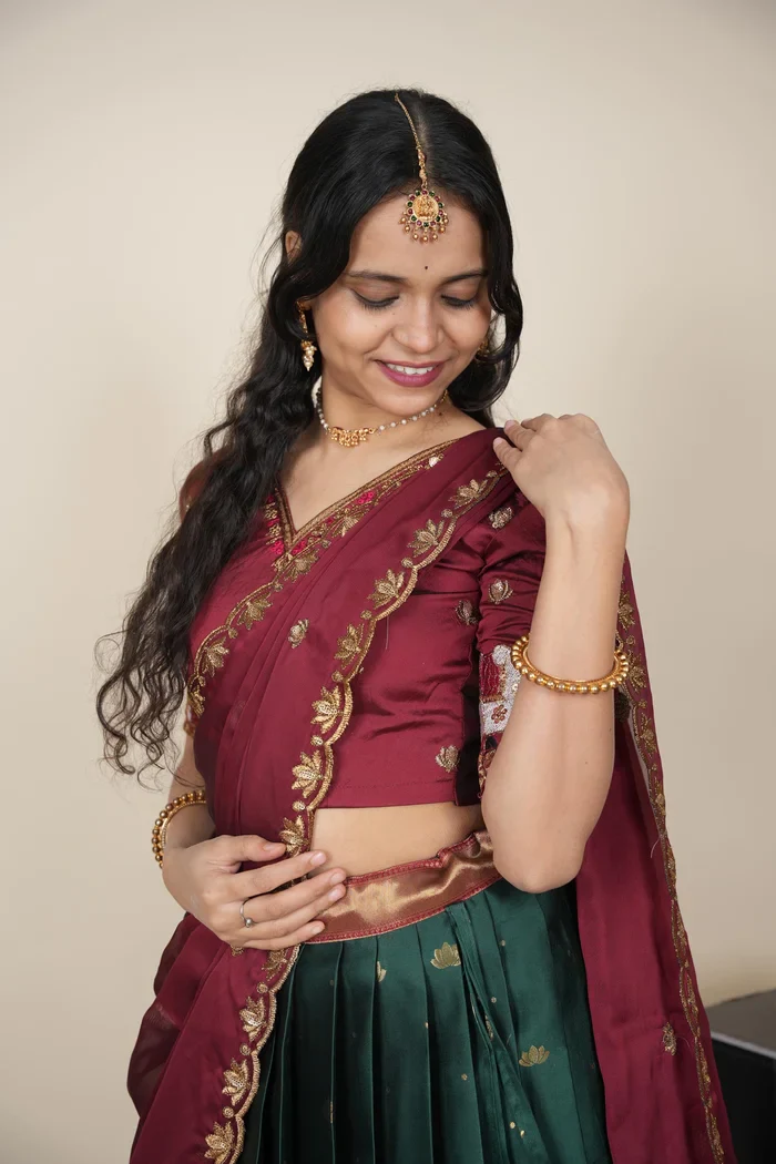 Beautiful South Indian Style Half Saree with Embroidery Blouse and Dupatta for Women | Gauri - Image 26
