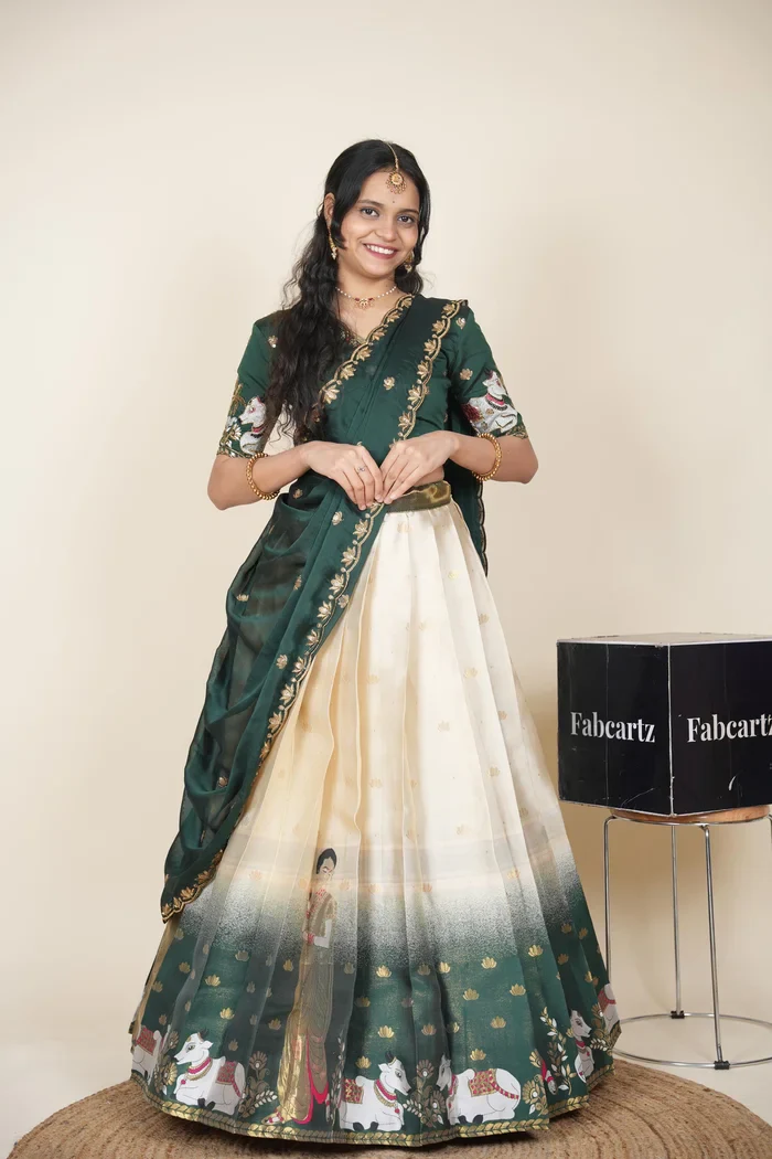 Beautiful South Indian Style Half Saree with Embroidery Blouse and Dupatta for Women | Gauri - Image 28