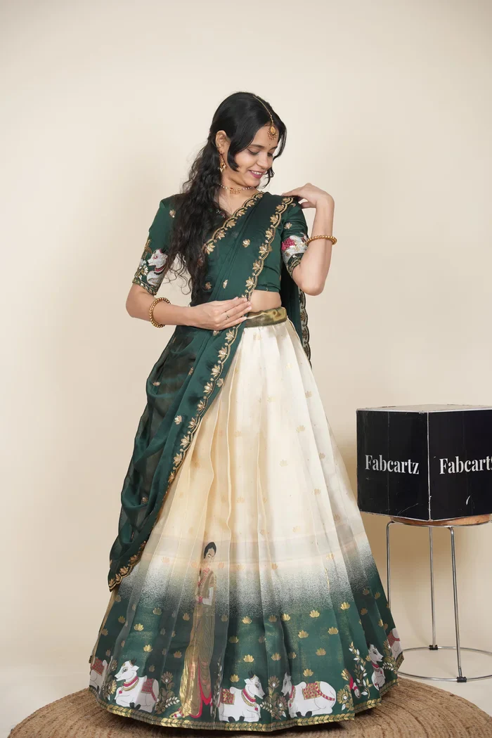 Beautiful South Indian Style Half Saree with Embroidery Blouse and Dupatta for Women | Gauri - Image 30