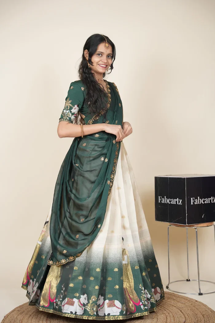 Beautiful South Indian Style Half Saree with Embroidery Blouse and Dupatta for Women | Gauri - Image 31