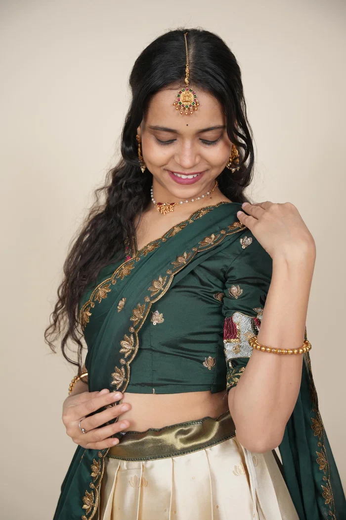 Beautiful South Indian Style Half Saree with Embroidery Blouse and Dupatta for Women | Gauri - Image 34