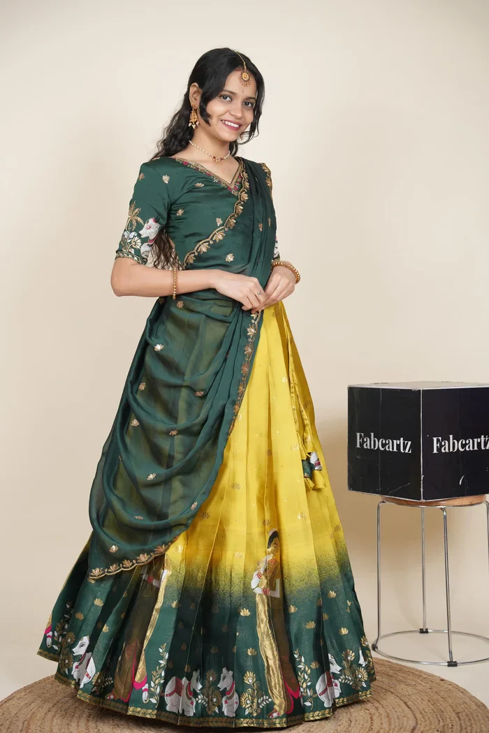 Beautiful South Indian Style Half Saree with Embroidery Blouse and Dupatta for Women | Gauri - Image 40