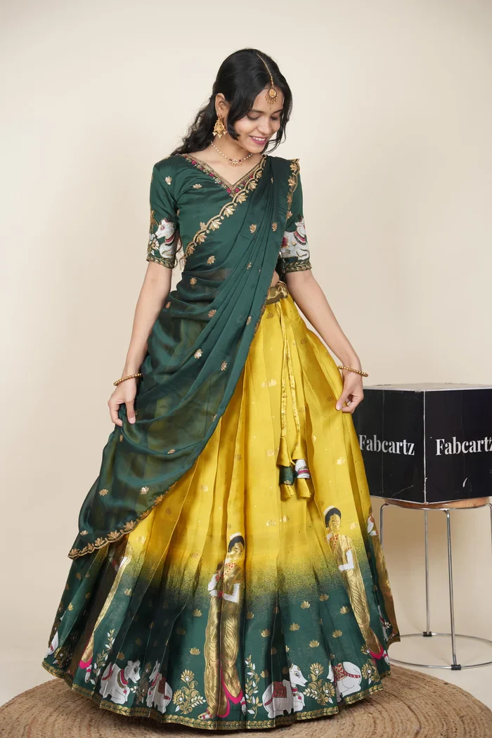 Beautiful South Indian Style Half Saree with Embroidery Blouse and Dupatta for Women | Gauri - Image 42