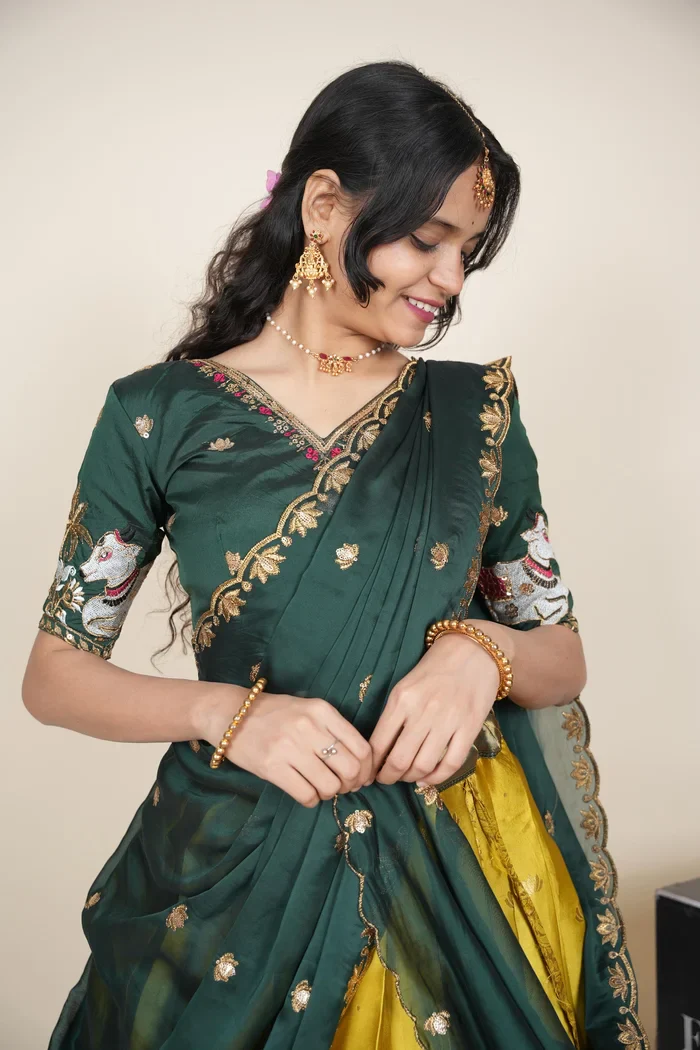 Beautiful South Indian Style Half Saree with Embroidery Blouse and Dupatta for Women | Gauri - Image 43
