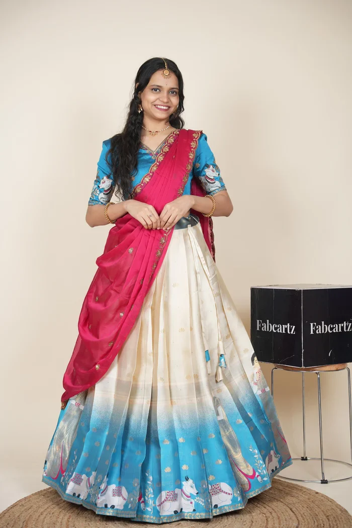 Beautiful South Indian Style Half Saree with Embroidery Blouse and Dupatta for Women | Gauri - Image 46