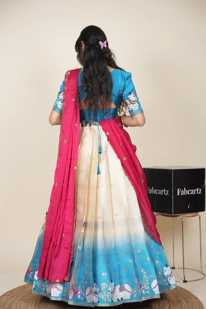 Beautiful South Indian Style Half Saree with Embroidery Blouse and Dupatta for Women | Gauri - Image 47