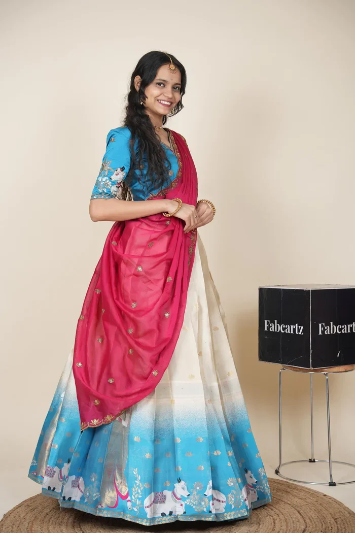 Beautiful South Indian Style Half Saree with Embroidery Blouse and Dupatta for Women | Gauri - Image 49