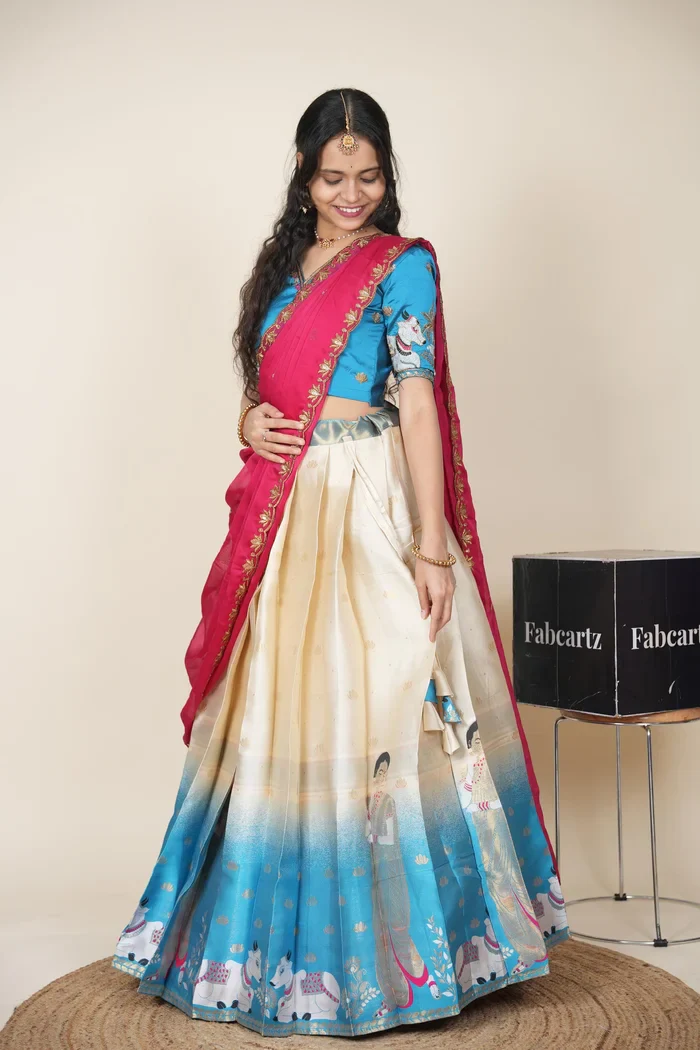Beautiful South Indian Style Half Saree with Embroidery Blouse and Dupatta for Women | Gauri - Image 50