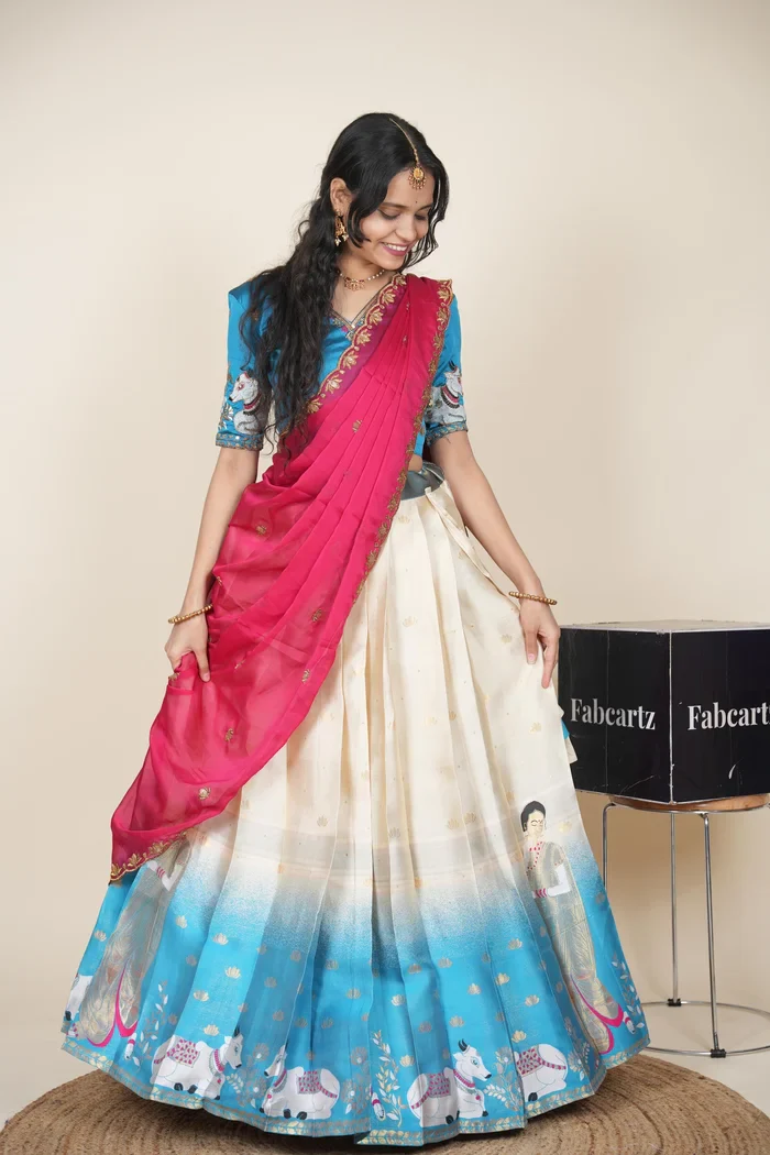 Beautiful South Indian Style Half Saree with Embroidery Blouse and Dupatta for Women | Gauri - Image 51