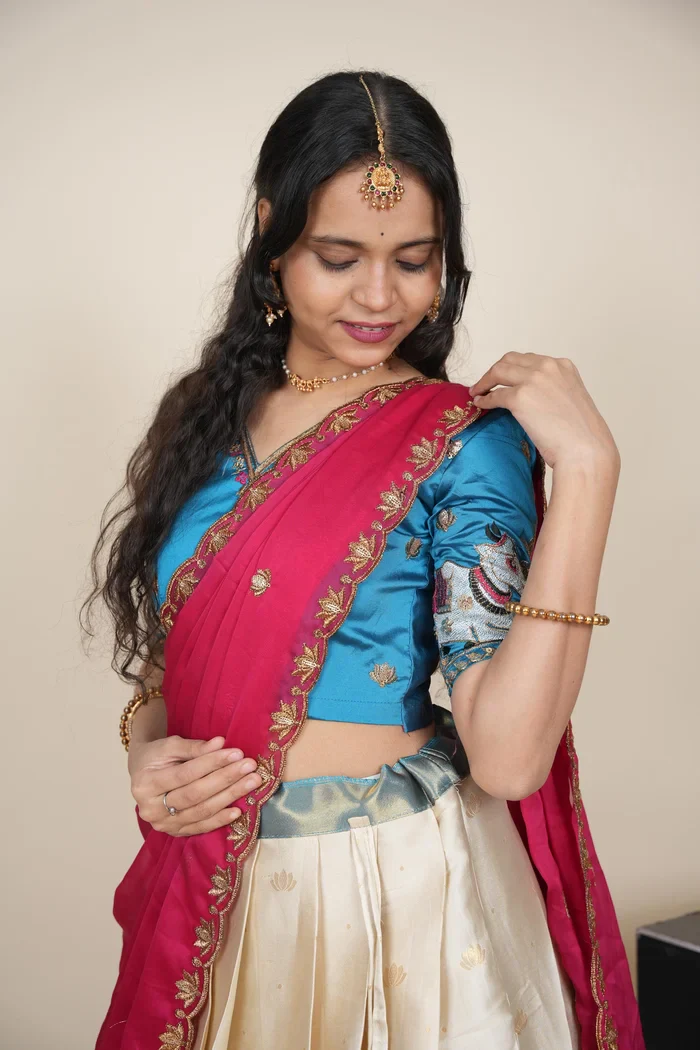 Beautiful South Indian Style Half Saree with Embroidery Blouse and Dupatta for Women | Gauri - Image 52