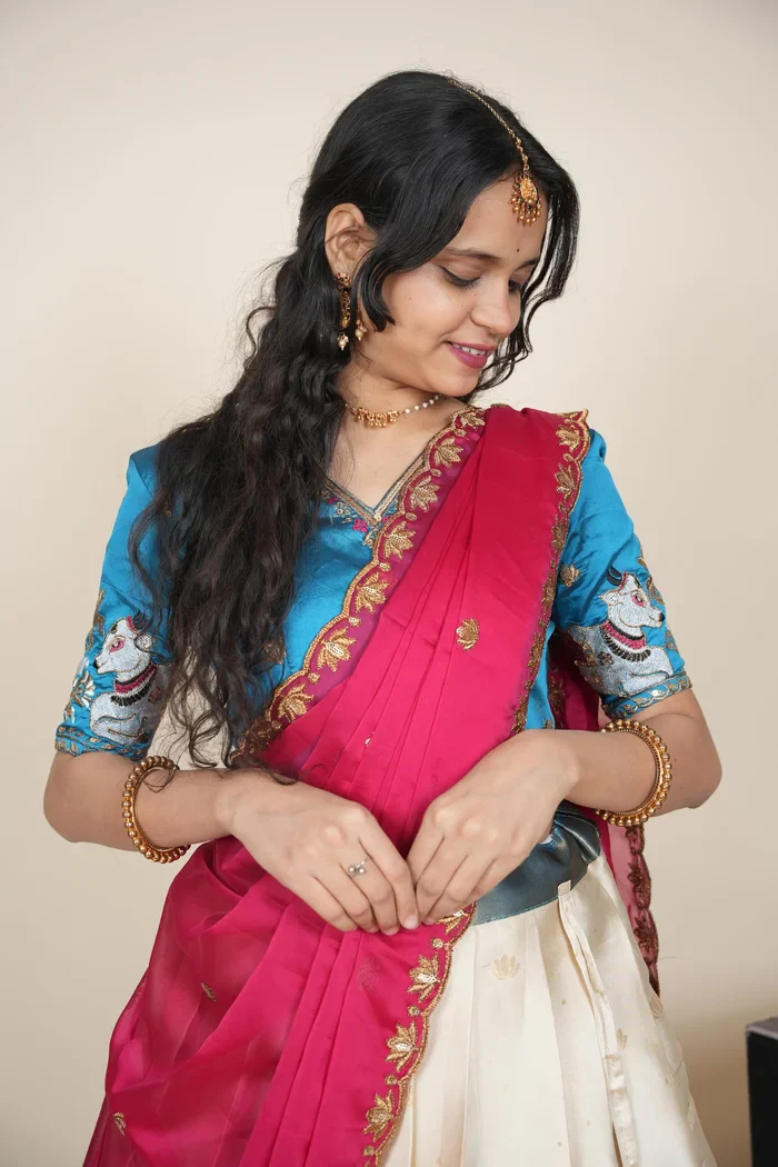 Beautiful South Indian Style Half Saree with Embroidery Blouse and Dupatta for Women | Gauri - Image 53