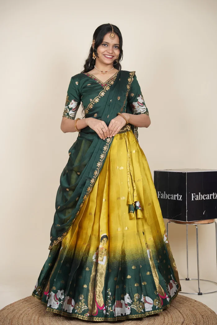 Beautiful South Indian Style Half Saree with Embroidery Blouse and Dupatta for Women | Gauri - Image 94