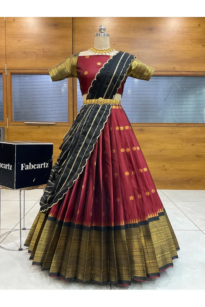 Beautiful South Indian Style Half Saree with Embroidery Blouse and Dupatta for Women | Hyderabadi - Image 13