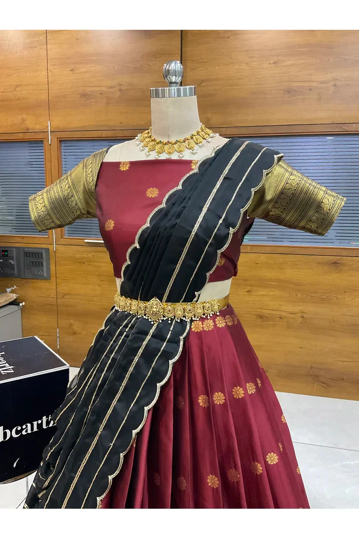 Beautiful South Indian Style Half Saree with Embroidery Blouse and Dupatta for Women | Hyderabadi - Image 16