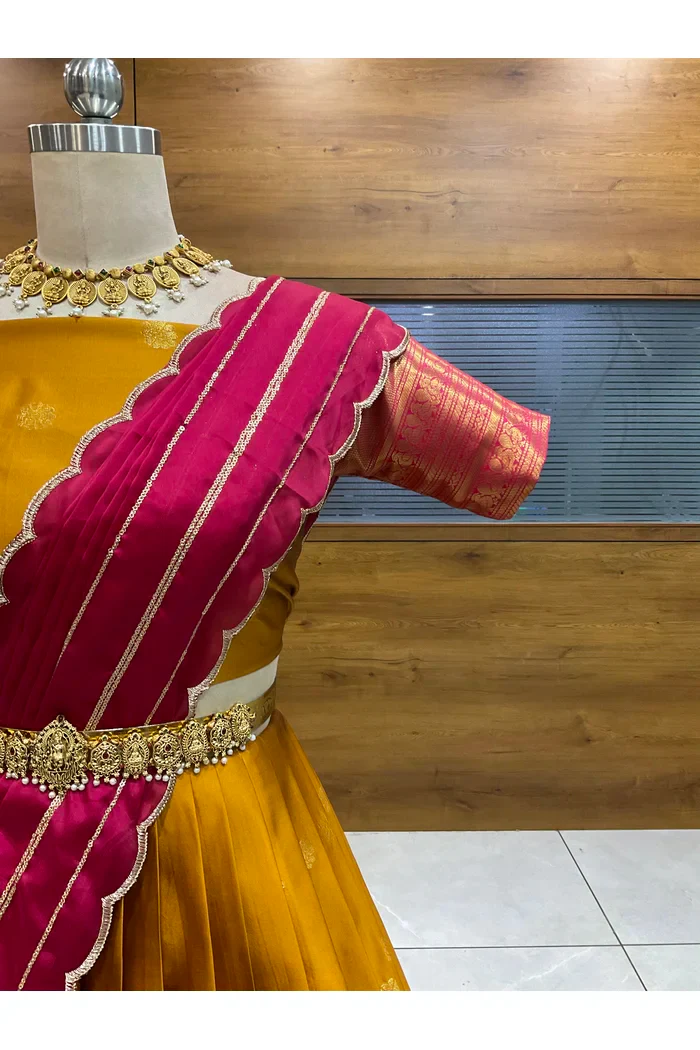 Beautiful South Indian Style Half Saree with Embroidery Blouse and Dupatta for Women | Hyderabadi - Image 29