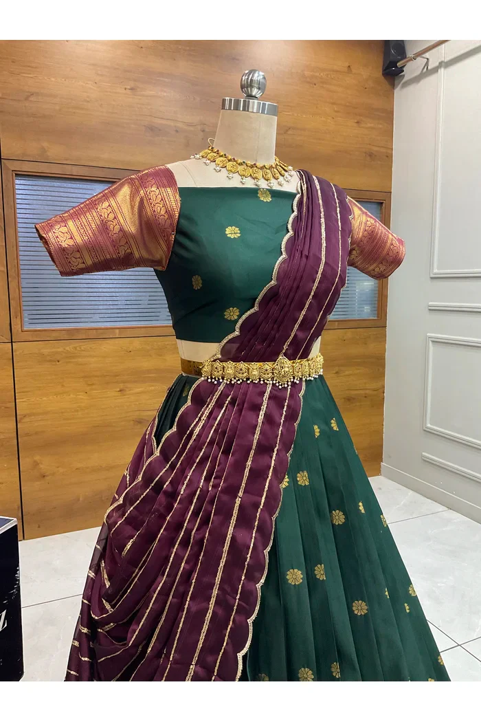 Beautiful South Indian Style Half Saree with Embroidery Blouse and Dupatta for Women | Hyderabadi - Image 3