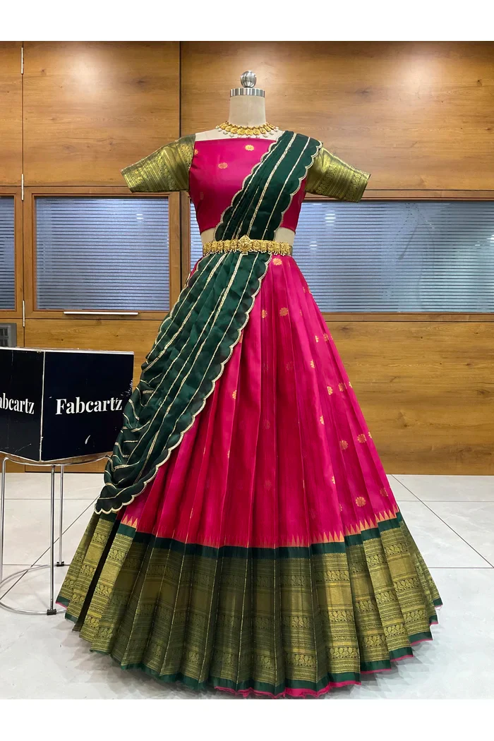 Beautiful South Indian Style Half Saree with Embroidery Blouse and Dupatta for Women | Hyderabadi - Image 31