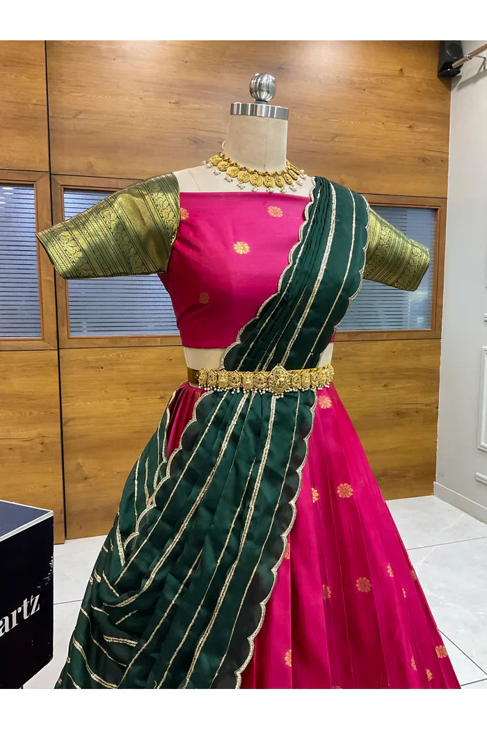 Beautiful South Indian Style Half Saree with Embroidery Blouse and Dupatta for Women | Hyderabadi - Image 33