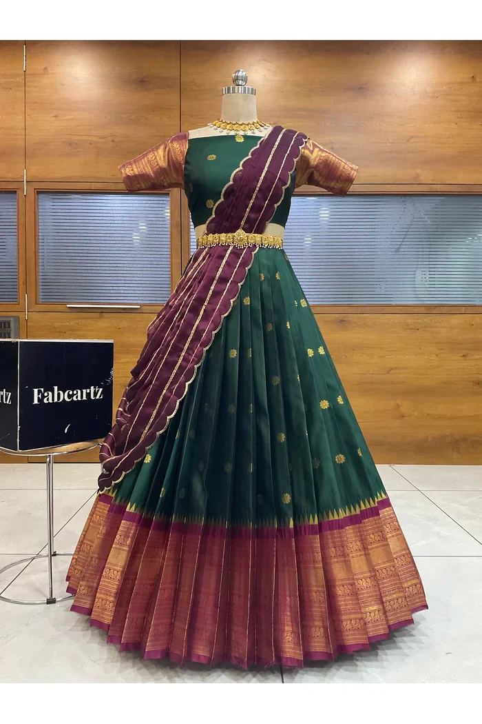 Beautiful South Indian Style Half Saree with Embroidery Blouse and Dupatta for Women | Hyderabadi - Image 37
