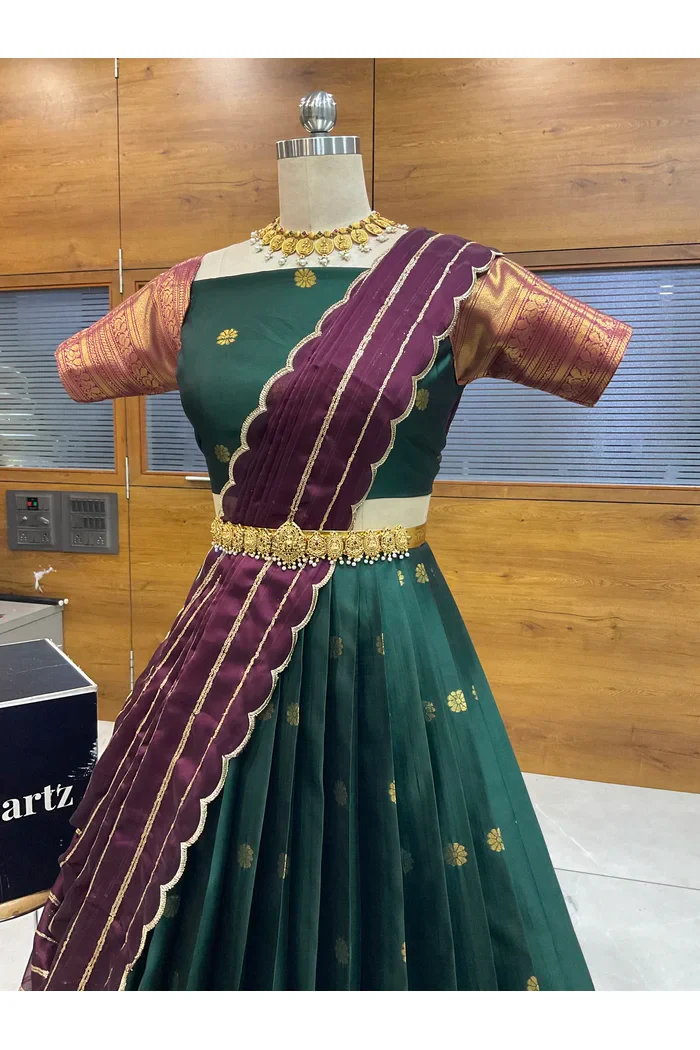 Beautiful South Indian Style Half Saree with Embroidery Blouse and Dupatta for Women | Hyderabadi - Image 4