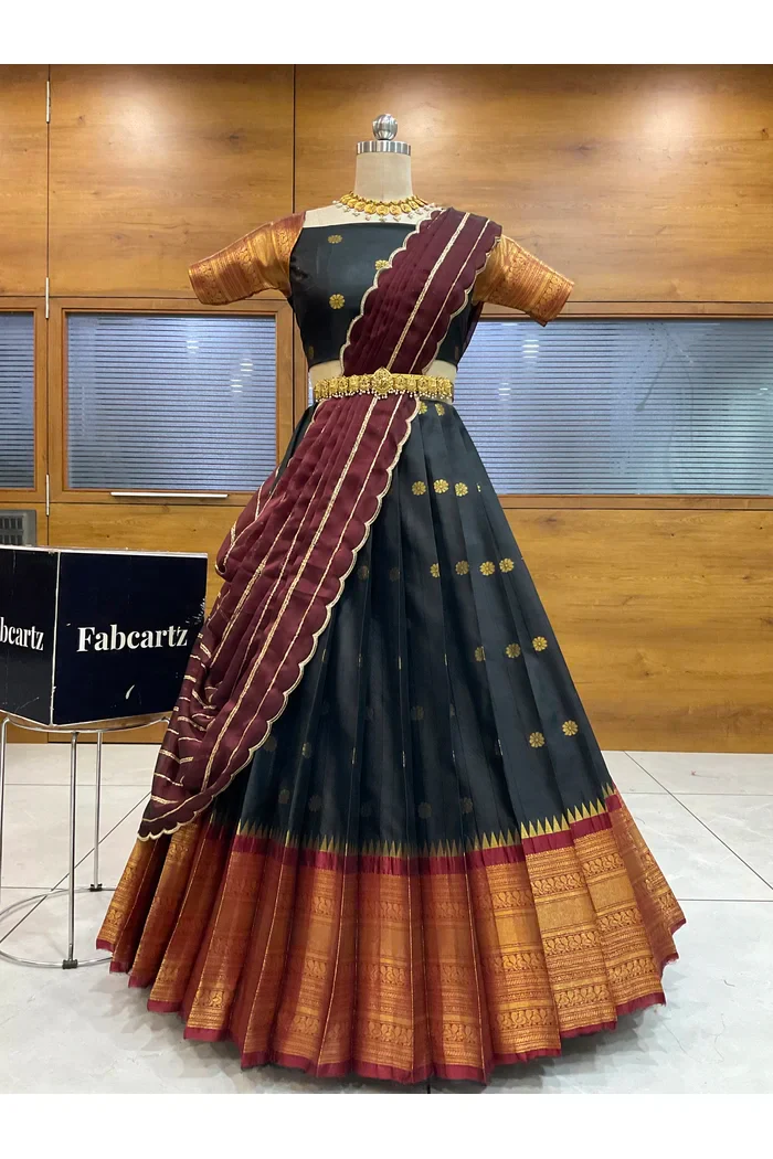 Beautiful South Indian Style Half Saree with Embroidery Blouse and Dupatta for Women | Hyderabadi - Image 45