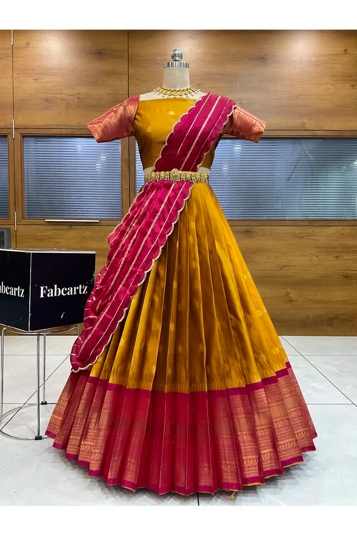 Beautiful South Indian Style Half Saree with Embroidery Blouse and Dupatta for Women | Hyderabadi - Image 68