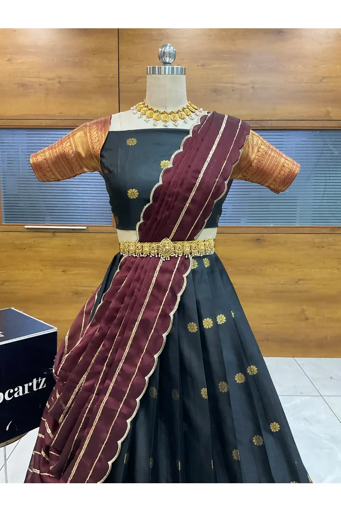 Beautiful South Indian Style Half Saree with Embroidery Blouse and Dupatta for Women | Hyderabadi - Image 8