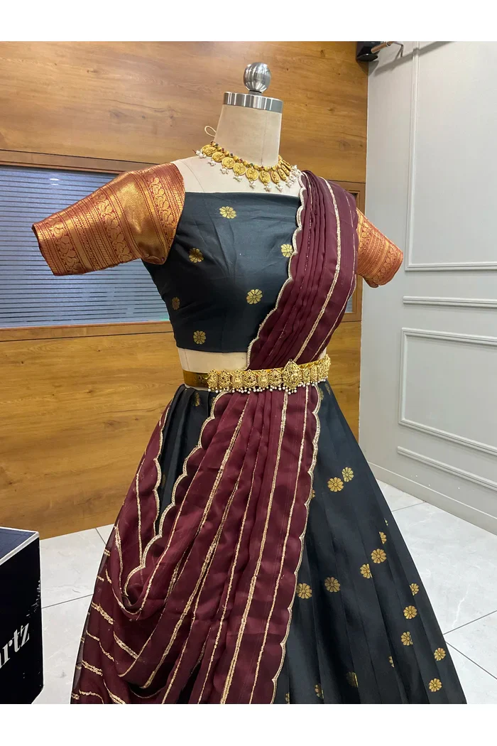 Beautiful South Indian Style Half Saree with Embroidery Blouse and Dupatta for Women | Hyderabadi - Image 9
