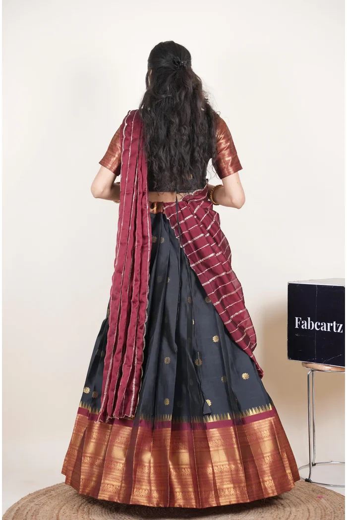 Beautiful South Indian Style Half Saree with Embroidery Blouse and Dupatta for Women | Hyderabadi Kv - Image 10