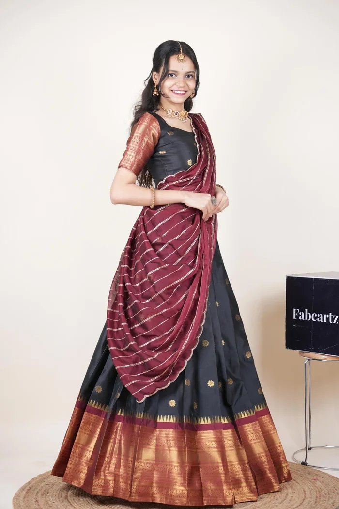 Beautiful South Indian Style Half Saree with Embroidery Blouse and Dupatta for Women | Hyderabadi Kv - Image 11