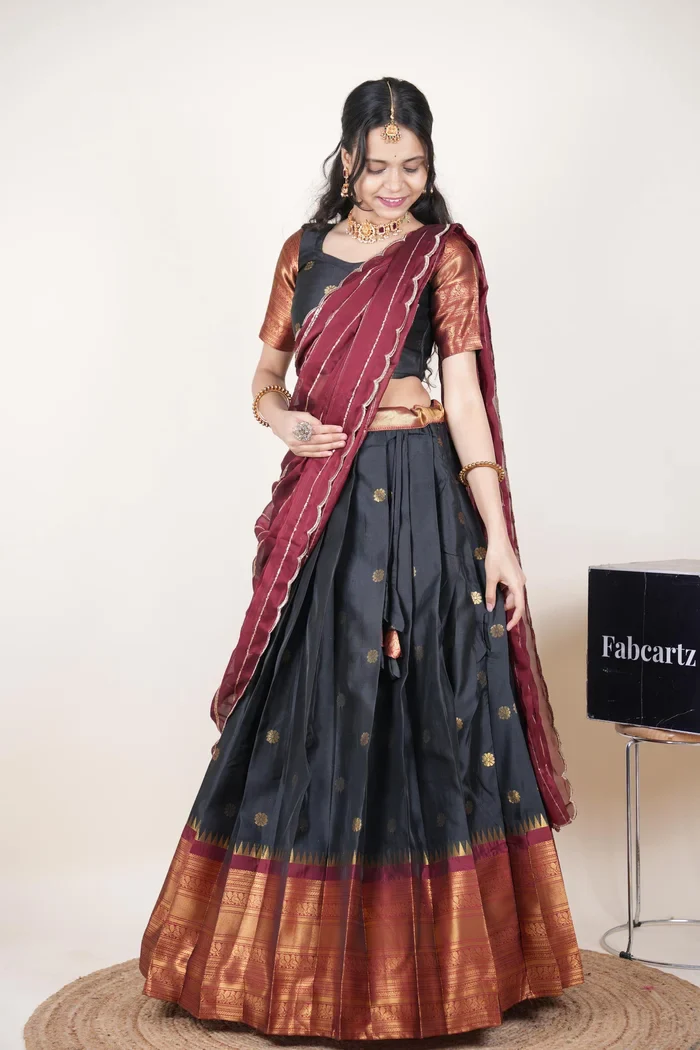 Beautiful South Indian Style Half Saree with Embroidery Blouse and Dupatta for Women | Hyderabadi Kv - Image 12